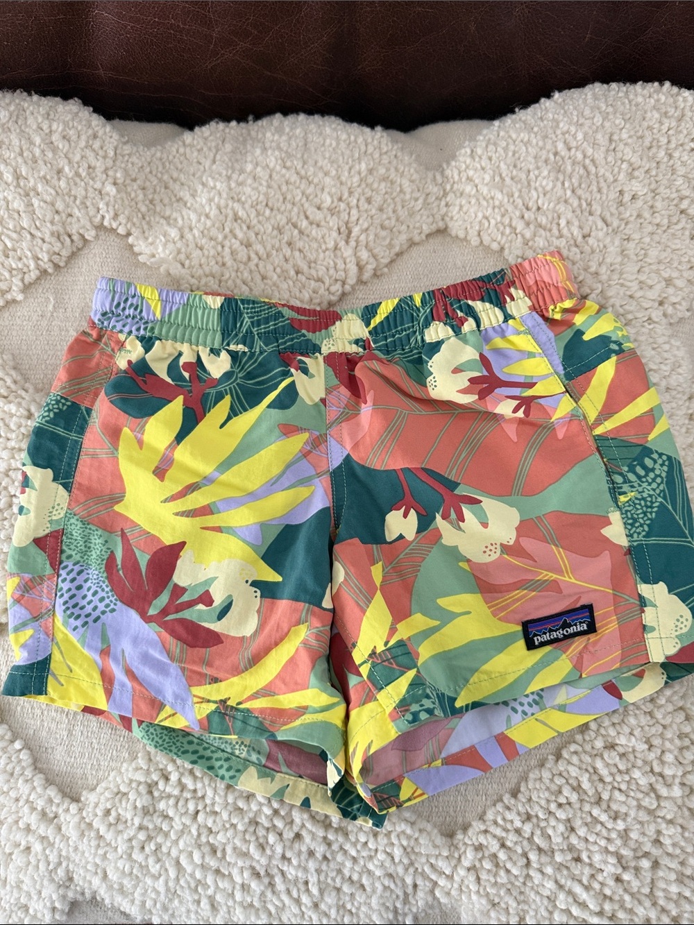 Patagonia Women's Tropical Leaf-Print Shorts - Green, Yellow, Coral, Lavender